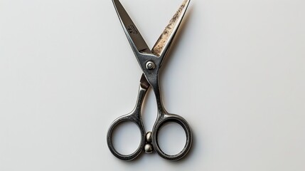 An advertisement theme, old-fashioned metal pendant scissors isolated on a white backdrop with plenty copy space for any content, Generative AI.