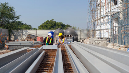 Two construction workers are working in front of a large building site with helmet and safety gear....