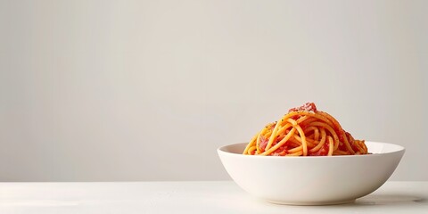 An illustration of vegan cuisine with text space features a closeup view of spaghetti with tomato sauce on a porcelain dish isolated on a white background or table, Generative AI.