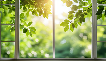 Nature of green leaf in garden at summer under sunlight view through window background. Natural...