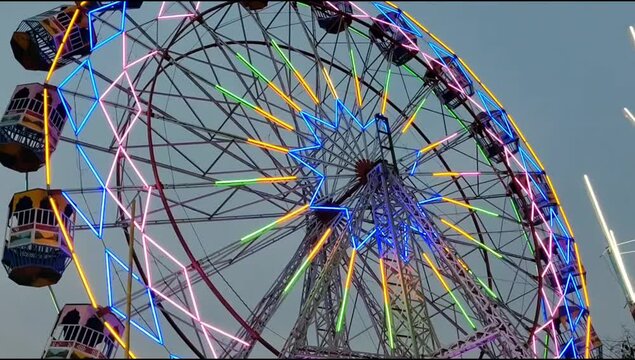 Closeup of multi-coloured Giant Wheel during Dussehra Mela in Delhi, India. Bottom view of Giant Wheel swing. Ferris wheel with colourful cabins during day time.
