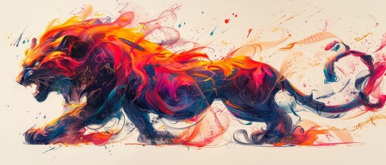 Vibrant, artistic representation of a roaring lion with vivid colors and dynamic brushstrokes. Modern digital painting, perfect for artistic projects.