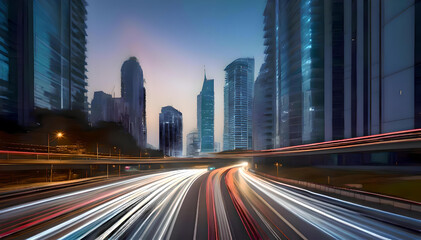 The light flow of traffic on an evening highway Abstract long exposure dynamic speed light trails  in a city urban environment with modern high buildings,  - Powered by Adobe