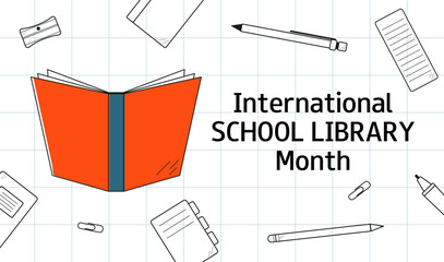 International School Library Month. October. Horizontal banner, greeting card, presentation, flyer, poster in doodle style. 
