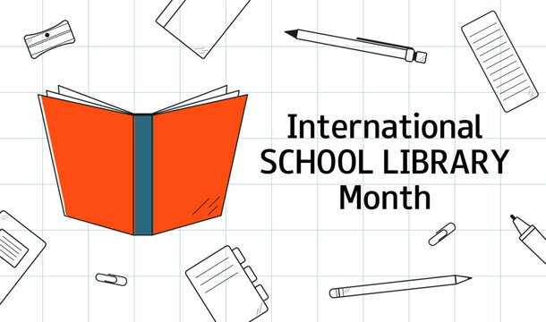 International School Library Month. October. Horizontal banner, greeting card, presentation, flyer, poster in doodle style. 