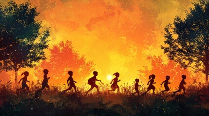 Fototapeta premium Reverse silhouette of children playing in a park, representing the future of green spaces