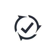 Action arrows and check mark. Successfully completed task. Vector linear icon isolated on white background.