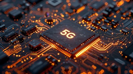 Obraz premium Close-up of a 5G microchip on an illuminated circuit board, representing advanced technology and high-speed communications.