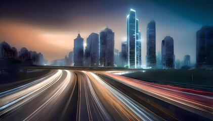 Fototapeta premium The light flow of traffic on an evening highway Abstract long exposure dynamic speed light trails in a city urban environment with modern high buildings, 