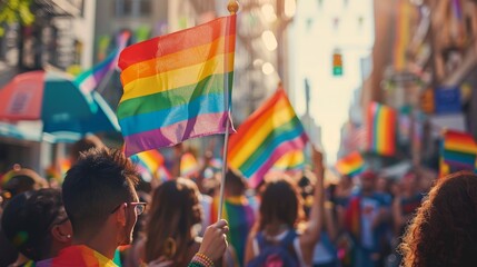Diverse group holding rainbow flags. LGBTQ pride march, city street, festive atmosphere