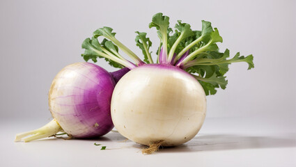  turnips with green leafy on white background