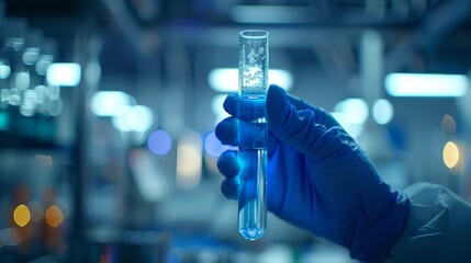 A close-up of a hand holding a test tube containing a genetically modified organism, with a soft-focus background hinting at a laboratory environment, representing the innovation o