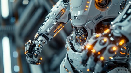 Fototapeta premium A close-up view of a person wearing an exoskeleton suit, showcasing the intricate details of the mechanical joints and integrated technology, against a futuristic backdrop.