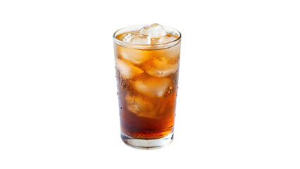 A refreshing glass of cola with ice cubes condenses on a hot day