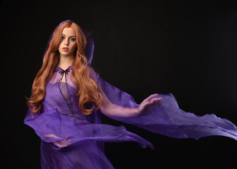 close up portrait of beautiful female model with long red hair, wearing a purple fairy  fantasy...