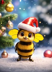 4d photographic image of full body image of a super cute little chibi bee wearing a red Santa hat, realistic, buzzing around a snowy-covered Christmas tree with presents underneath, vivid colors octan