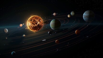 An illustration of the solar system, featuring detailed renderings of the planets orbiting the sun, each with its unique size, color, and characteristics.