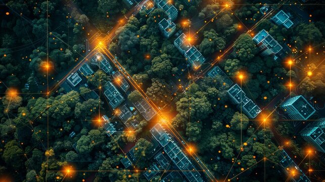 An overhead view of a sprawling urban landscape with advanced power infrastructure, highlighting smart grid implementation and energy management practices.