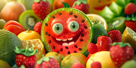A cartoon watermelon with eyes open and smiling in the style  