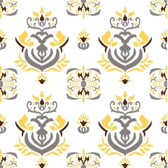 Damask Ikat floral pattern on red background illustration.Ikat ethnic oriental embroidery,Aztec style,abstract background.design for texture,fabric,clothing,wrapping,decoration,sarong,scarf