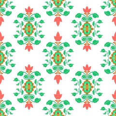 Damask Ikat floral pattern on red background illustration.Ikat ethnic oriental embroidery,Aztec style,abstract background.design for texture,fabric,clothing,wrapping,decoration,sarong,scarf