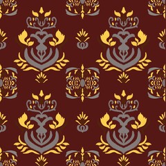 Damask Ikat floral pattern on red background illustration.Ikat ethnic oriental embroidery,Aztec style,abstract background.design for texture,fabric,clothing,wrapping,decoration,sarong,scarf