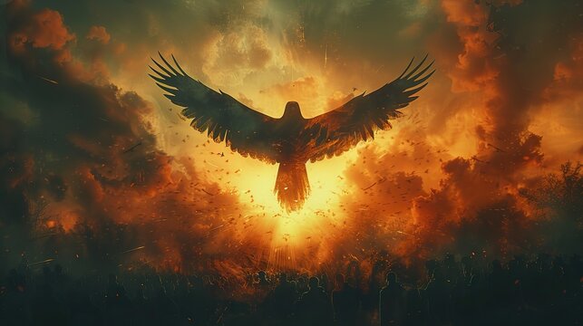 A conceptual artwork of a bird soaring above a crowd, symbolizing the uplifting power of freedom.