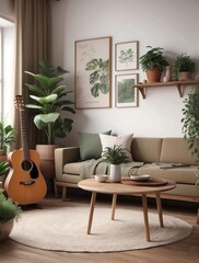 Vintage and cozy space of living room, Khaki sofa, wooden coffee table, guitar, plants