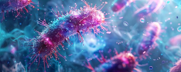 Bacteria breaking antibiotic molecules, digital painting, cool tones, realistic