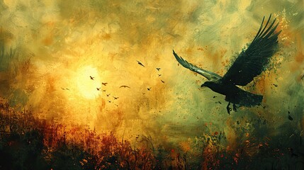 A conceptual painting of a bird soaring above a landscape, symbolizing the broad reach of freedom.