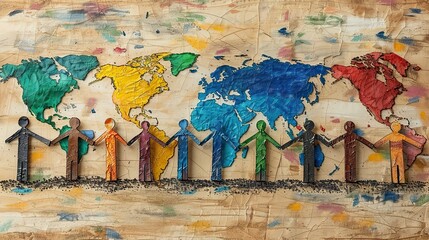 A drawing of a diverse crowd holding hands around a globe, symbolizing global unity in democracy.