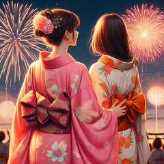 夏祭り、浴衣、思い出、花火、お友達と過ごした夏のアート