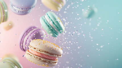 Pastel texture with a sweet treat background for food blogs and social media, featuring colorful macarons flying in the air, with copy space text, perfect for dessert recipes and food photography.