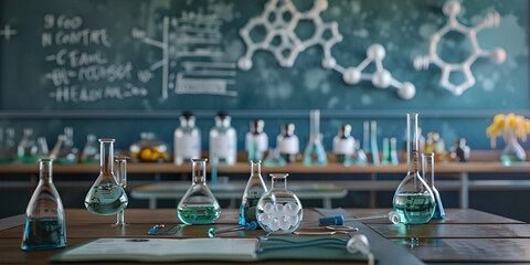 Chalkboard with Chemistry Class Background, Futuristic science lab background.
