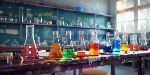 A chemistry lab with different colored liquids in different colors.
