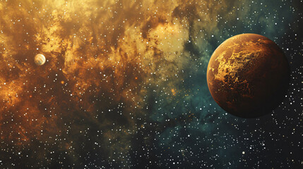 Obraz premium Orange and blue texture with a space background for astronomy and science fiction, featuring a planet, stars, and nebula, with copy space text, perfect for space documentaries and science 