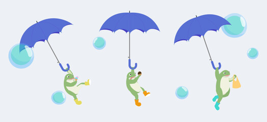 Going out in the rain, rainy season, frogs hanging from umbrellas