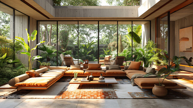 Brown wooden furniture with a interior design and architecture background for advertising and branding, featuring a living room, with copy space text, perfect for interior design firms and websites.