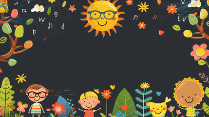 Black and colorful texture with a education and childhood background for advertising and branding, featuring children and a blackboard, with copy space text, perfect for schools and websites.