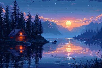 Fototapeta premium Serene cabin by the lake with glowing sunset and mountain view, surrounded by trees and calm water reflection.