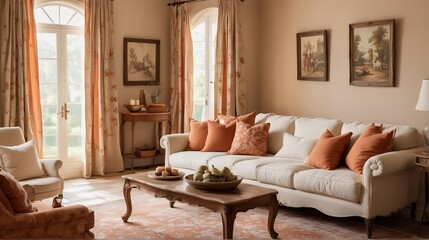 A photo with a focus on the details of Mediterranean living room design with sofa and pillows. Selective focus