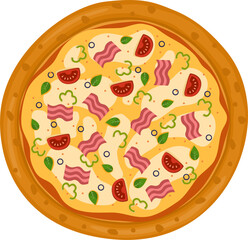 Capicciosa Pizza. Vector illustration of italian pizza. Pizza with ham, basil, tomato, peppers and cheese