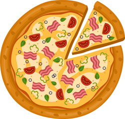 Capicciosa Pizza. Vector illustration of italian pizza. Pizza with ham, basil, tomato, peppers and cheese