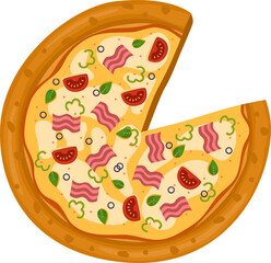 Capicciosa Pizza. Vector illustration of italian pizza. Pizza with ham, basil, tomato, peppers and cheese