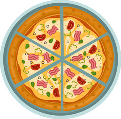 Capicciosa Pizza. Vector illustration of italian pizza. Pizza with ham, basil, tomato, peppers and cheese