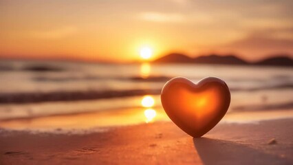 A heart-shaped object placed on the sandy beach during sunset. The warm colors of the sunset reflect on the water, creating a romantic and serene atmosphere. 
