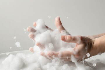 Fototapeta premium Close-up of hands playing with a mass of foamy bubbles on a light background.hygiene and cleanliness concept
