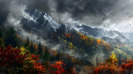 Fototapeta premium a mountain forest landscape in autumn with a multi-colored backdrop