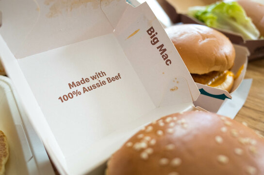 The text 'Made with 100% Aussie beef' on a package of the Big Mac burger from McDonald's.