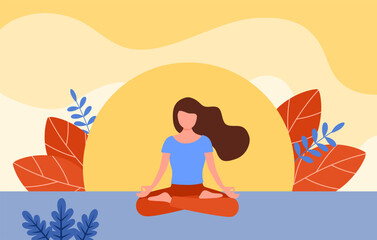 A woman meditates with leaves on background. Conceptual illustration for yoga, meditation, relaxation, rest, healthy lifestyle.